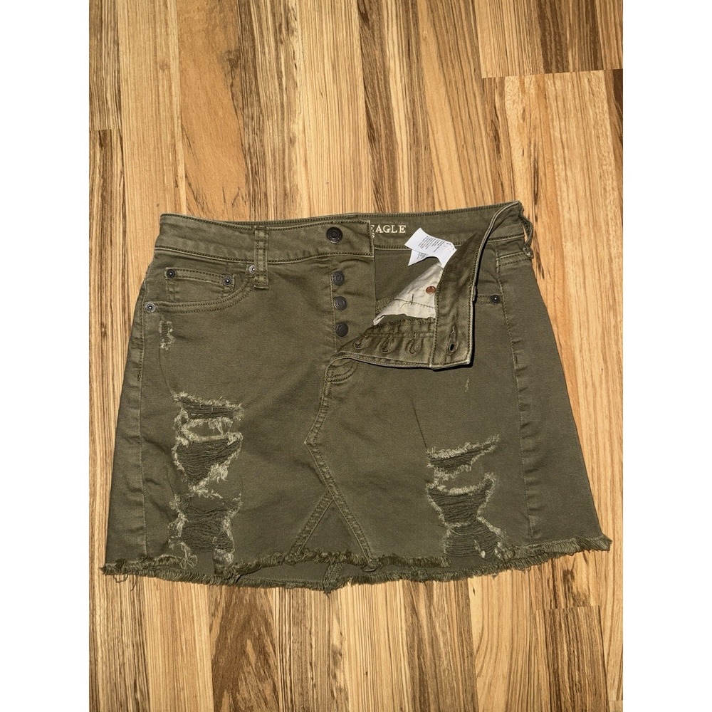 American Eagle Womens Sz 4 Green Button‎ Fly Cutoff Jean Skirt Pocketed Denim